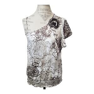 BCX Strapless / Short Sleeved Floral Embellished Smocked Waist Satin Blouse Top